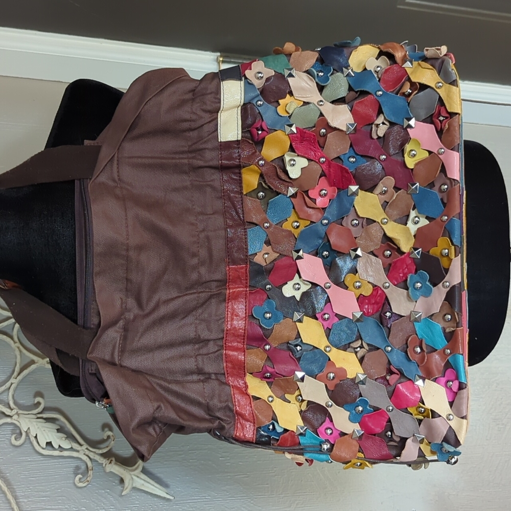 EUC A.P.C tote with leather flowers and silver studs
